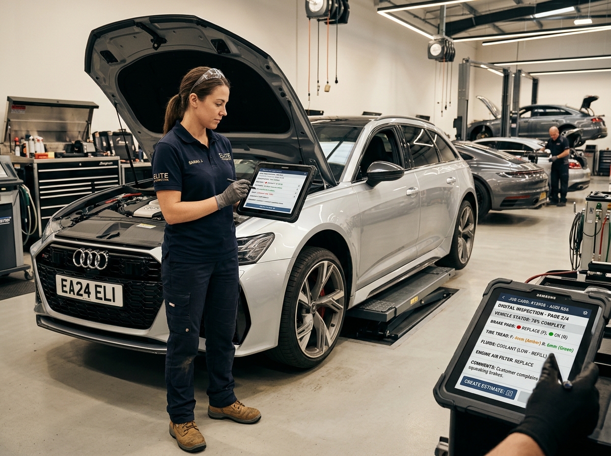 Mechanic using tablet for digital job card and vehicle inspection